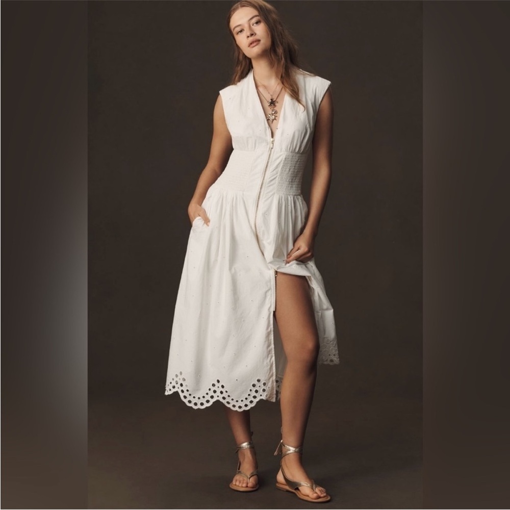 Anthropologie Tommie Cap-Sleeve Smocked Front-Zip Shirt Dress Sz Medium Nwt
